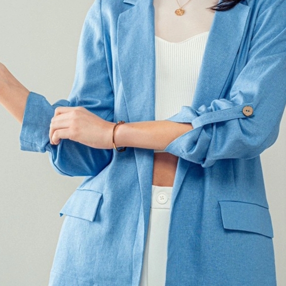 #385 SALE 🛑S,M Boho Linen Open Front Roll Tab Sleeve Blazer - Picture 16 of 16